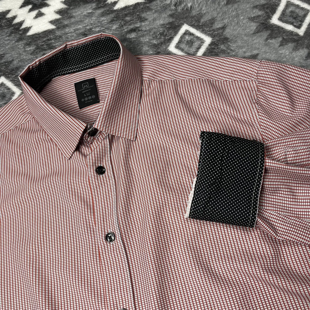Michael Strahan Modern Fit Dress Shirt Large Red White Check Stretch Polka Dot